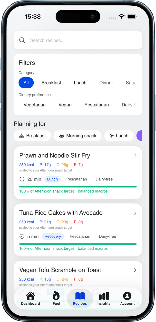 Recipes screen showing filters and meal planning options