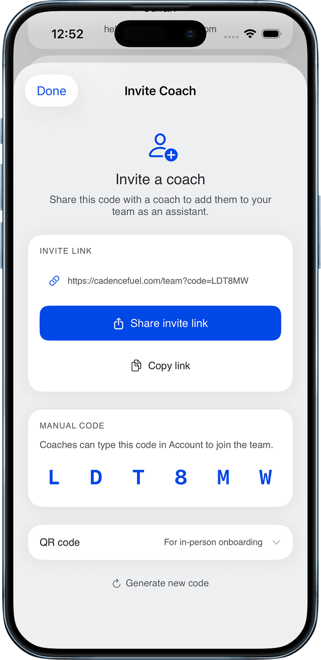 Invite coach screen with share link and QR code
