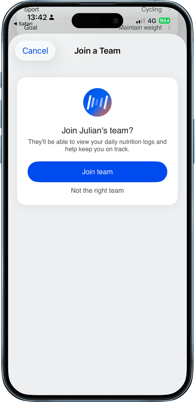 Join team confirmation screen
