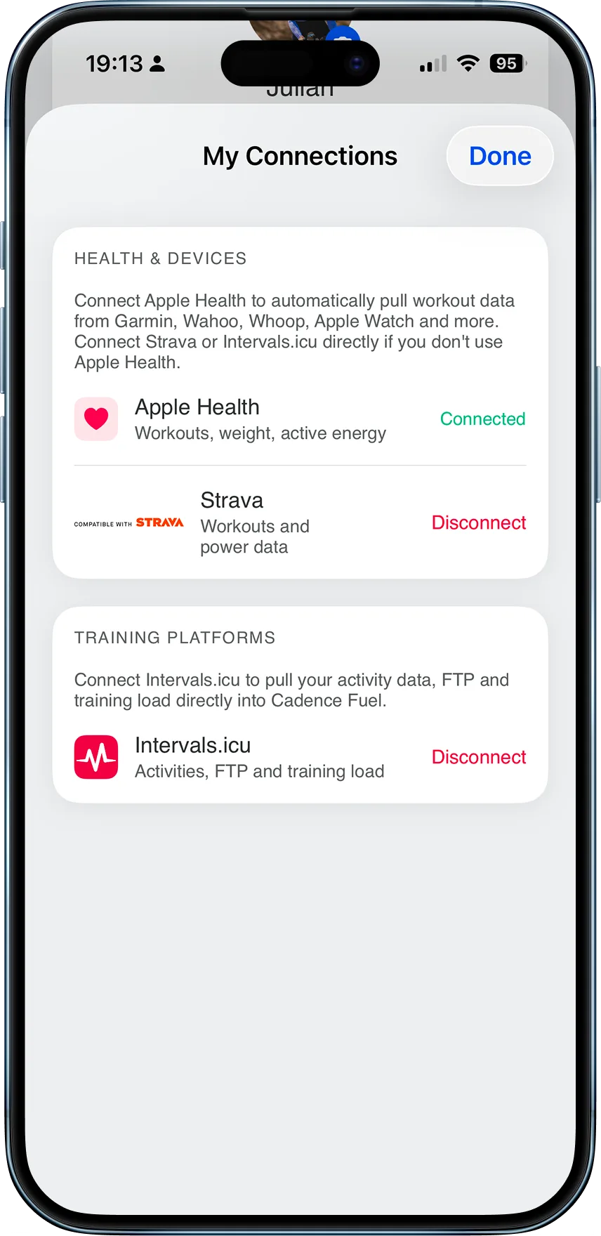 M0VE connections — Apple Health, Strava, Intervals.icu