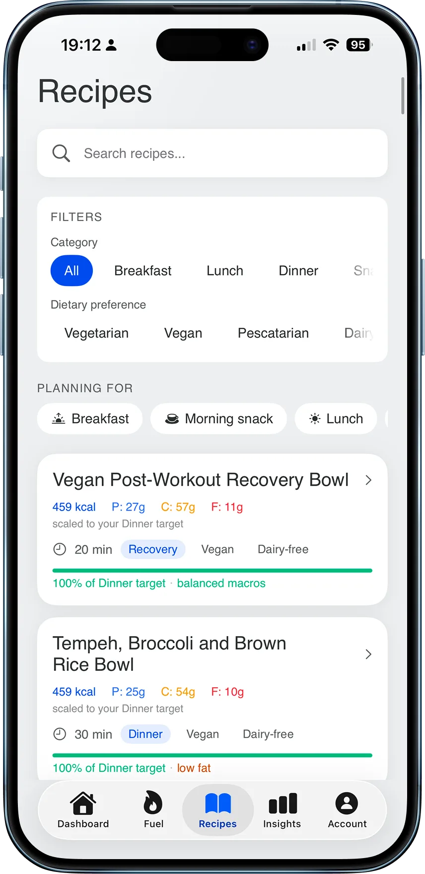 M0VE recipes scaled to your targets