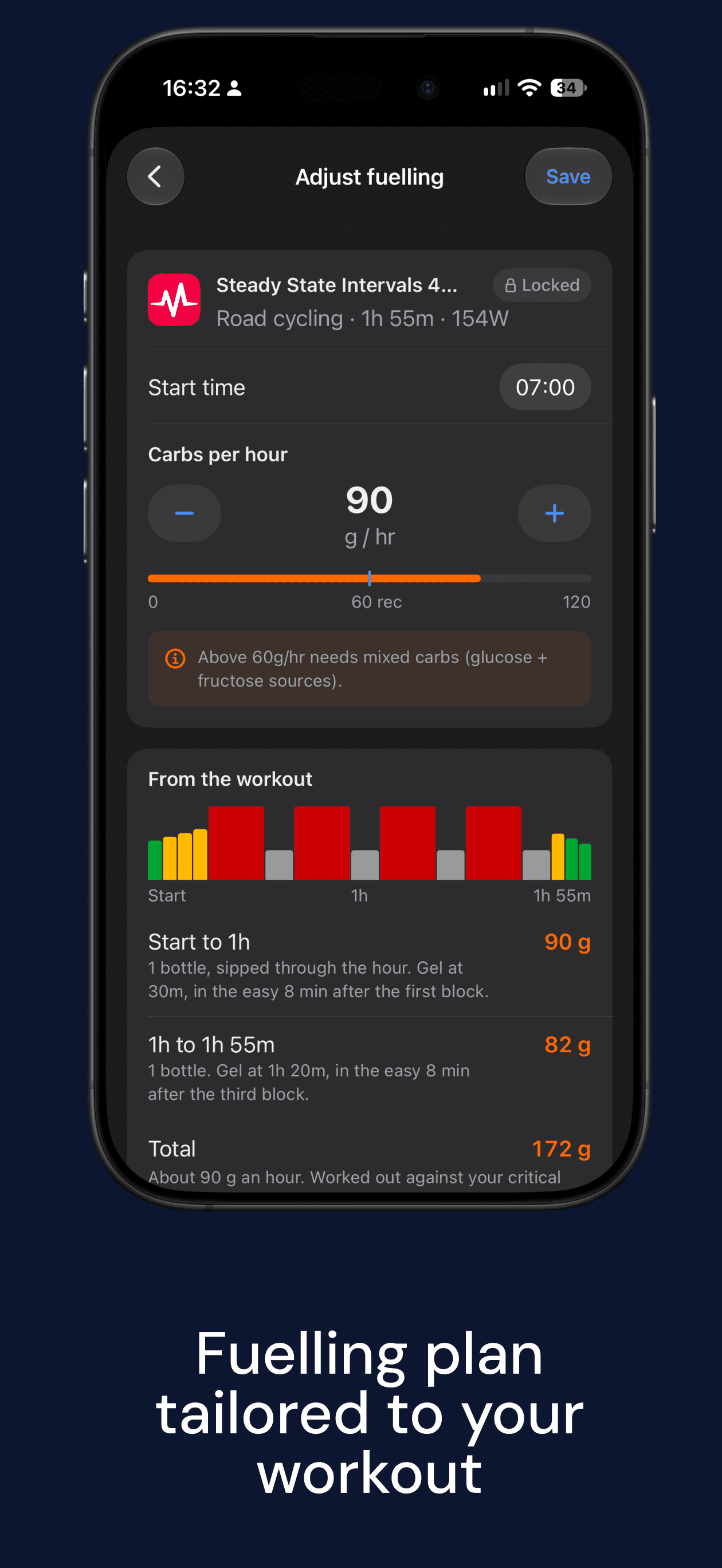 M0VE App Store screen: adjust fuelling, 90 g of carbs an hour for a session