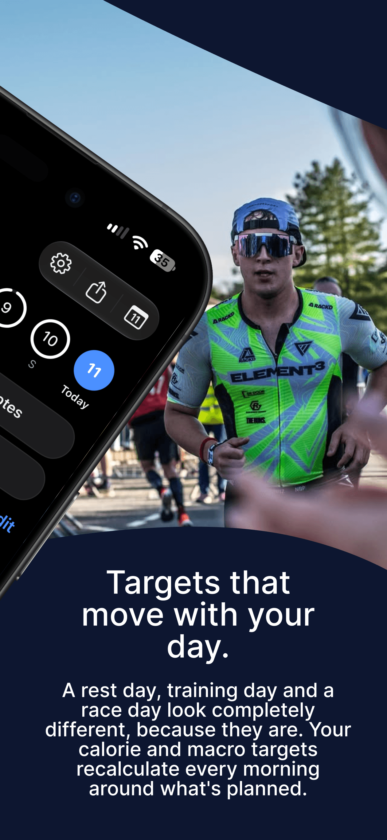 M0VE App Store screen: targets that move with your day, over a photo of a triathlete running
