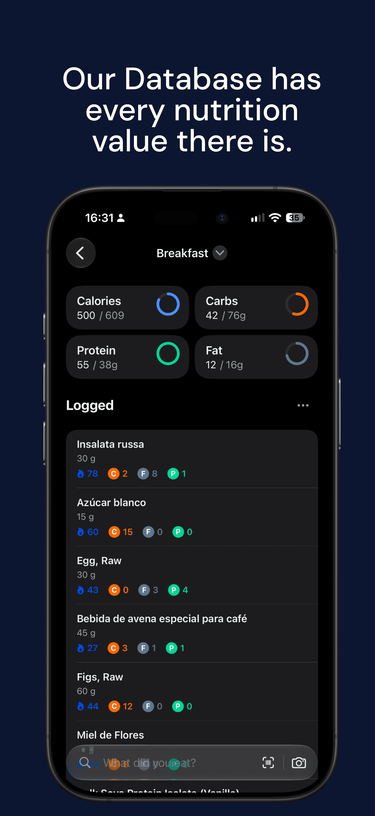 M0VE App Store screen: a logged breakfast with calories, carbs, protein and fat against target