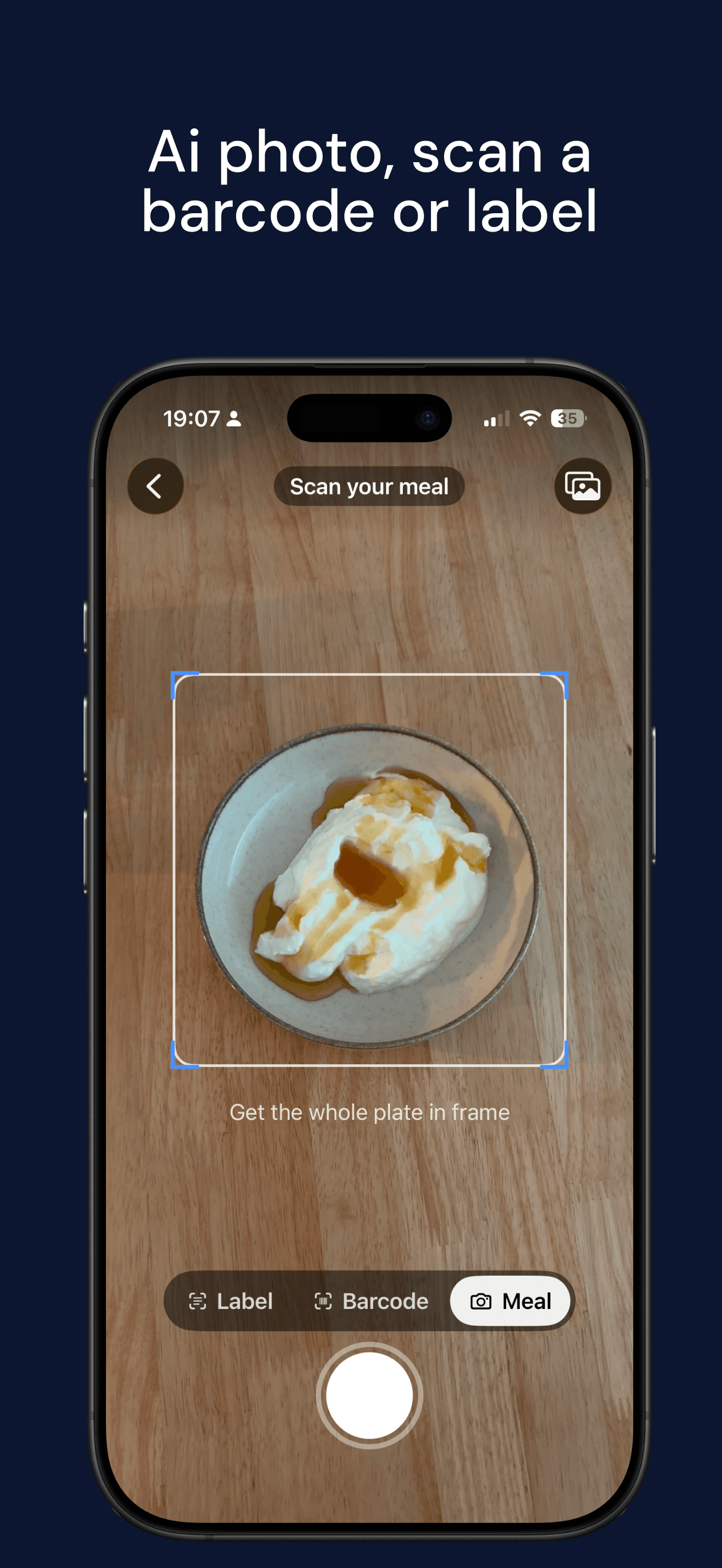 M0VE App Store screen: scan your meal, with Label, Barcode and Meal modes