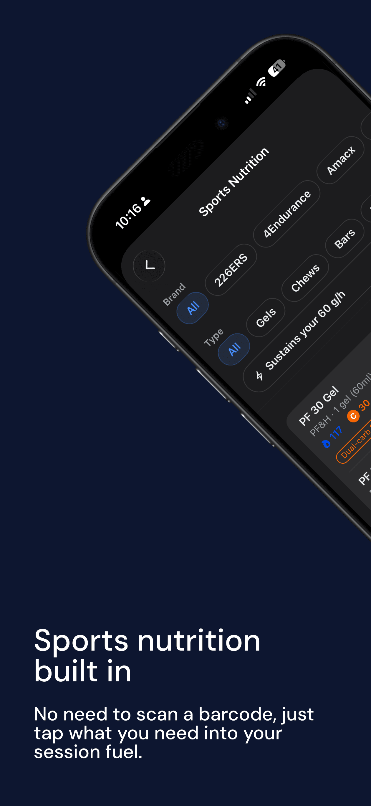 M0VE App Store screen: the sports nutrition catalogue, filtered by brand and type