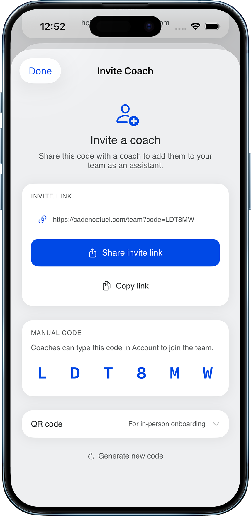 M0VE coach invite link, one tap to add an athlete