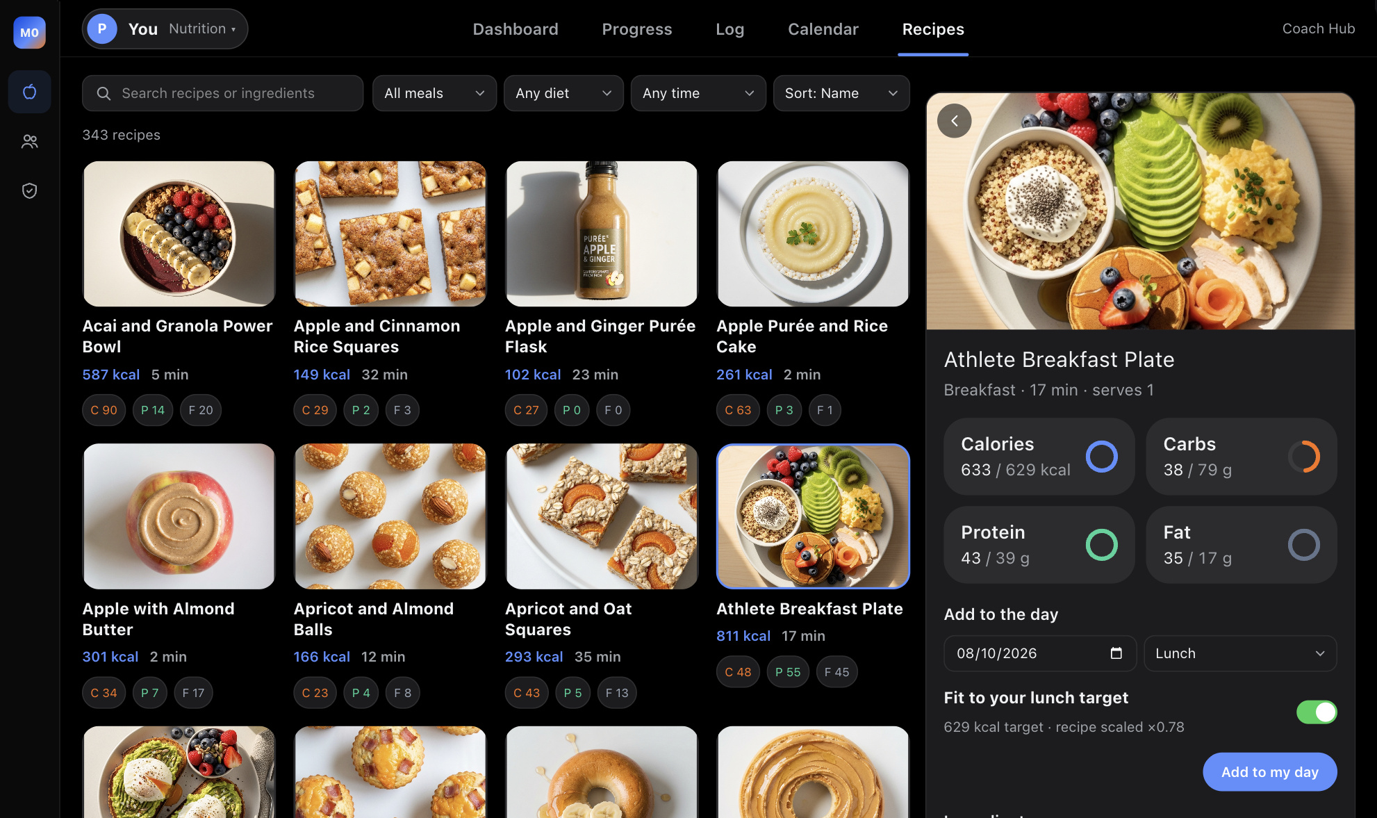 Recipes: photo grid with filters, and a recipe fitted to the meal target with macro rings