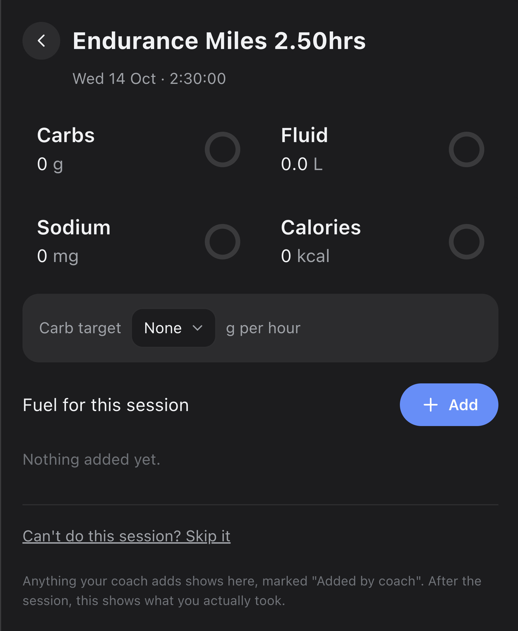 A planned session's panel: carbs, fluid, sodium and calories, the carb target and Add