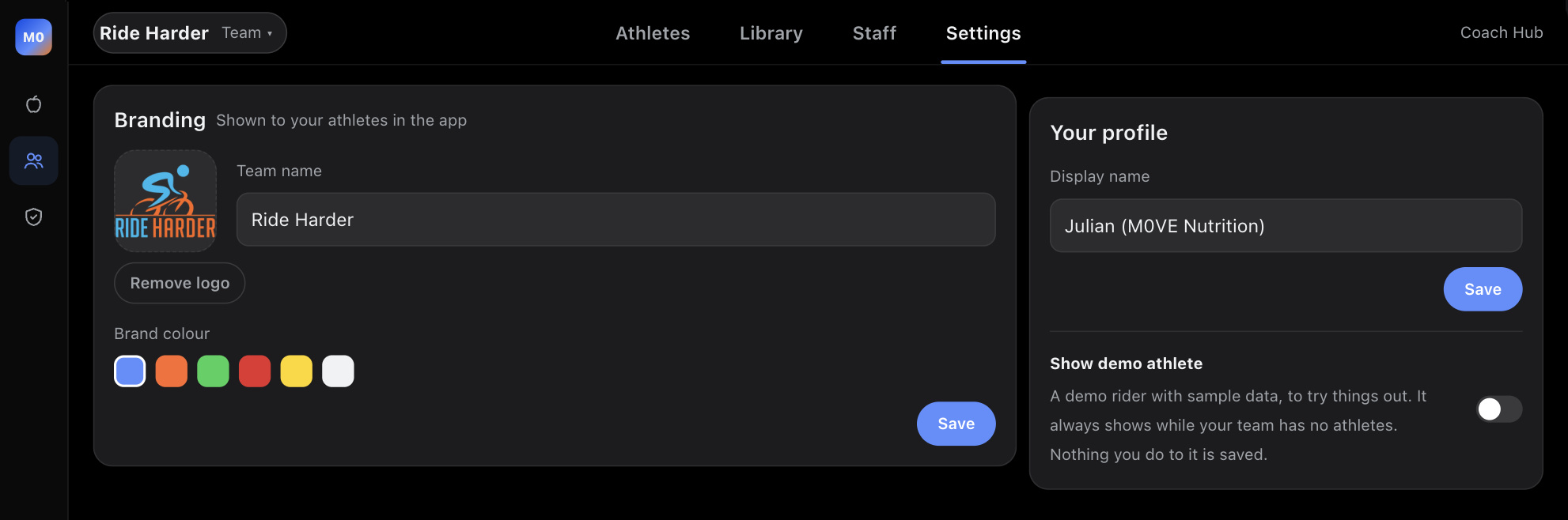 Team Settings: logo, team name and brand colour, your profile and Show demo athlete
