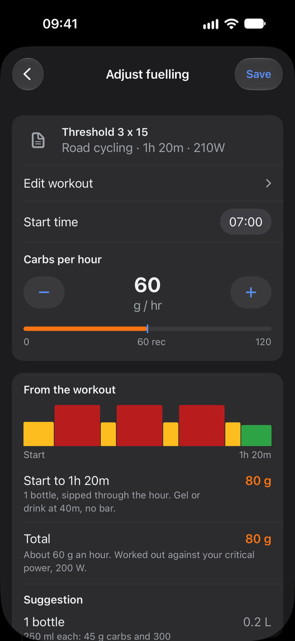 The top of Adjust fuelling for a file workout: the workout, the Edit workout row, start time, carbs per hour, and the steps from the workout