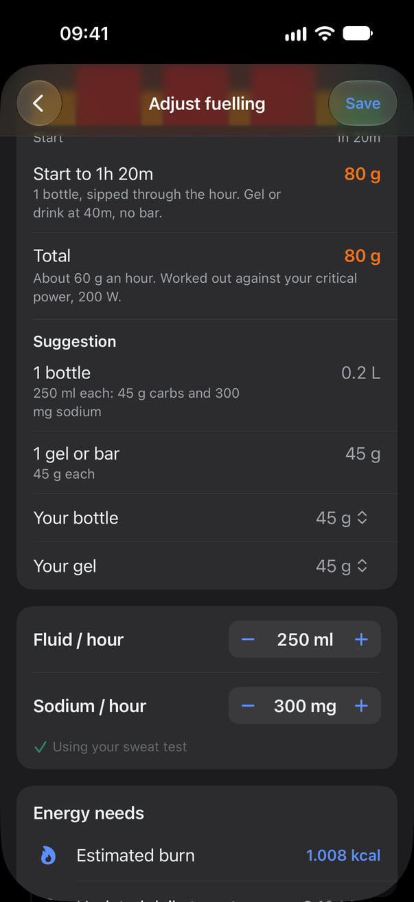 Adjust fuelling for a file workout: carbs for each stretch, the total, and a suggestion