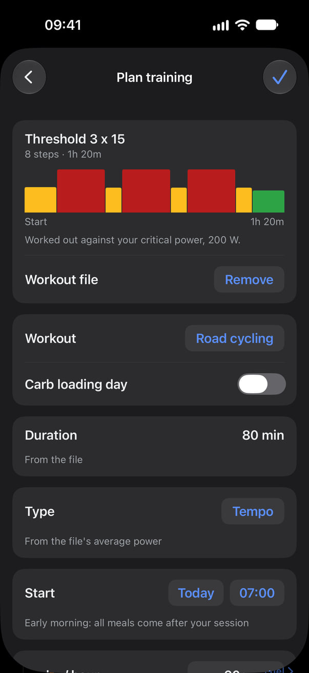 Plan training with a workout file on: the workout card with its steps, Duration from the file and Type from the file's average power