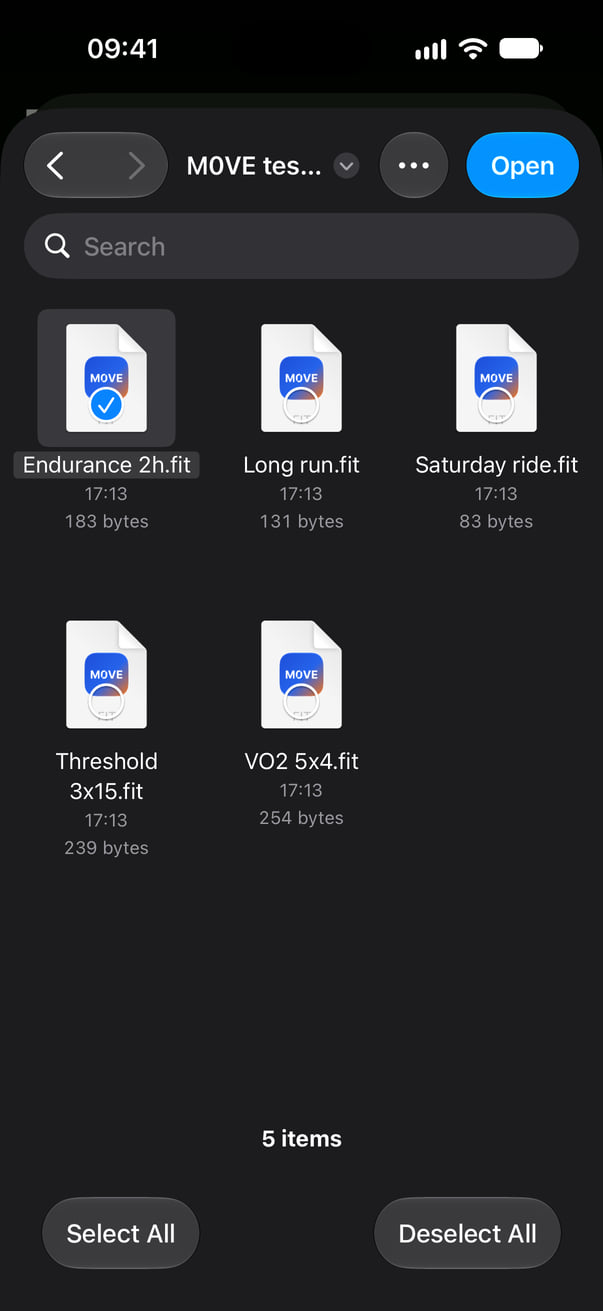 The Files picker on iPhone with a .fit file selected and the Open button