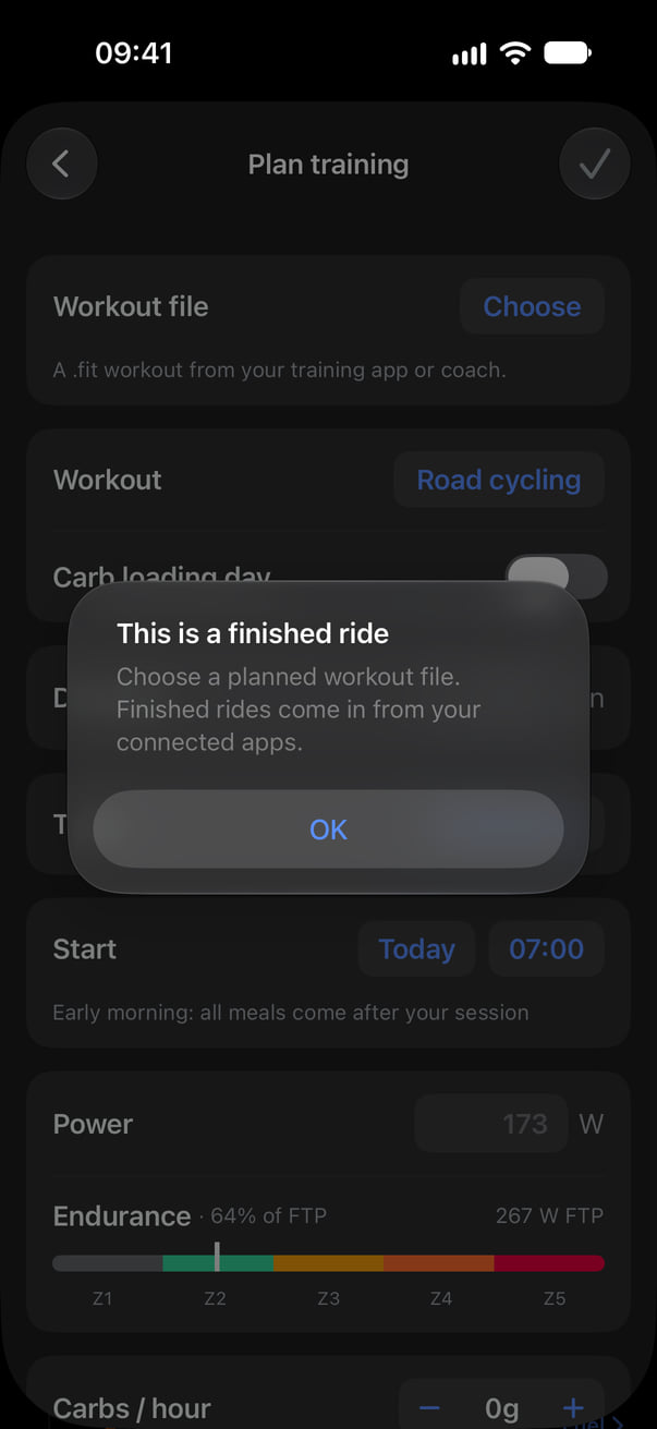 The This is a finished ride message over Plan training