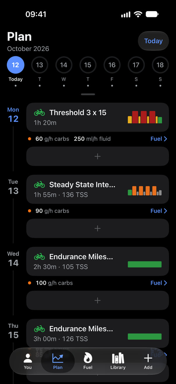 The saved workout on the Plan tab with its step bars and carbs per hour