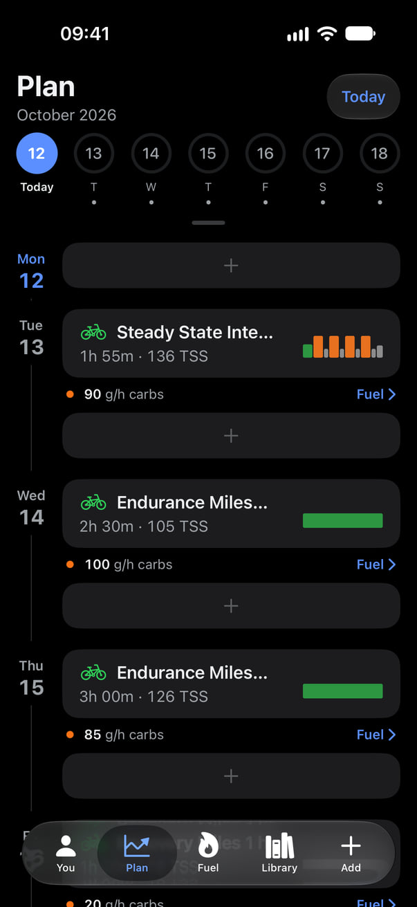 The Plan tab in M0VE, with a + under each day