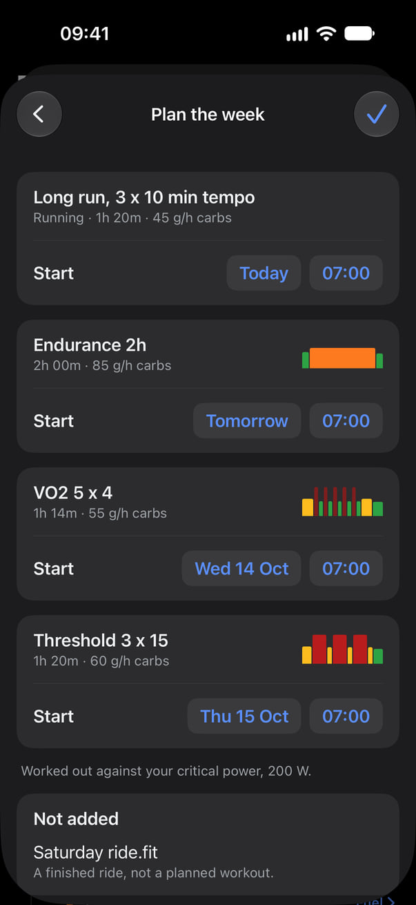 Plan the week, with four workouts on four days, their start times and carbs per hour, and a Not added card for a finished ride file