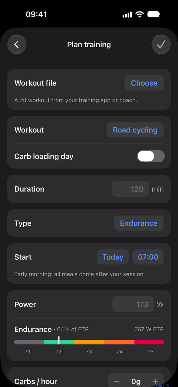 Plan training, with the Workout file row and its Choose button at the top