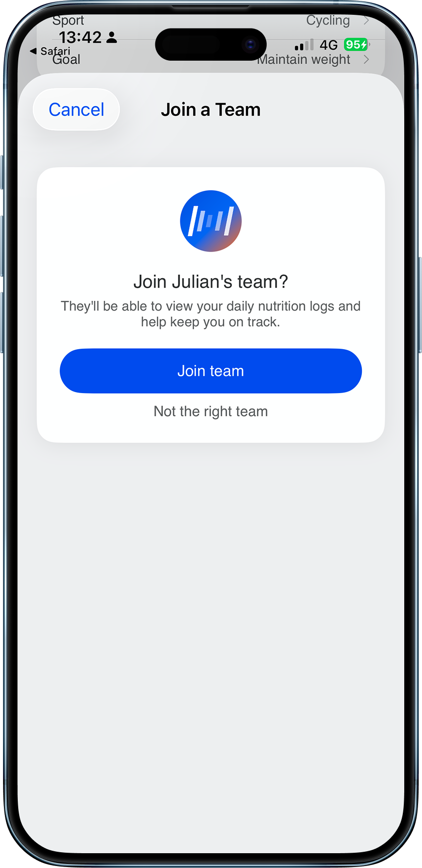 Join team confirmation screen