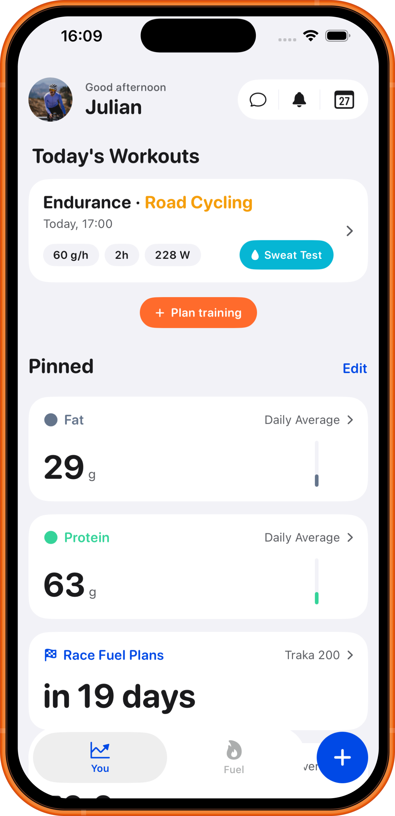 A planned session in the MOVE app showing carb-per-hour targets