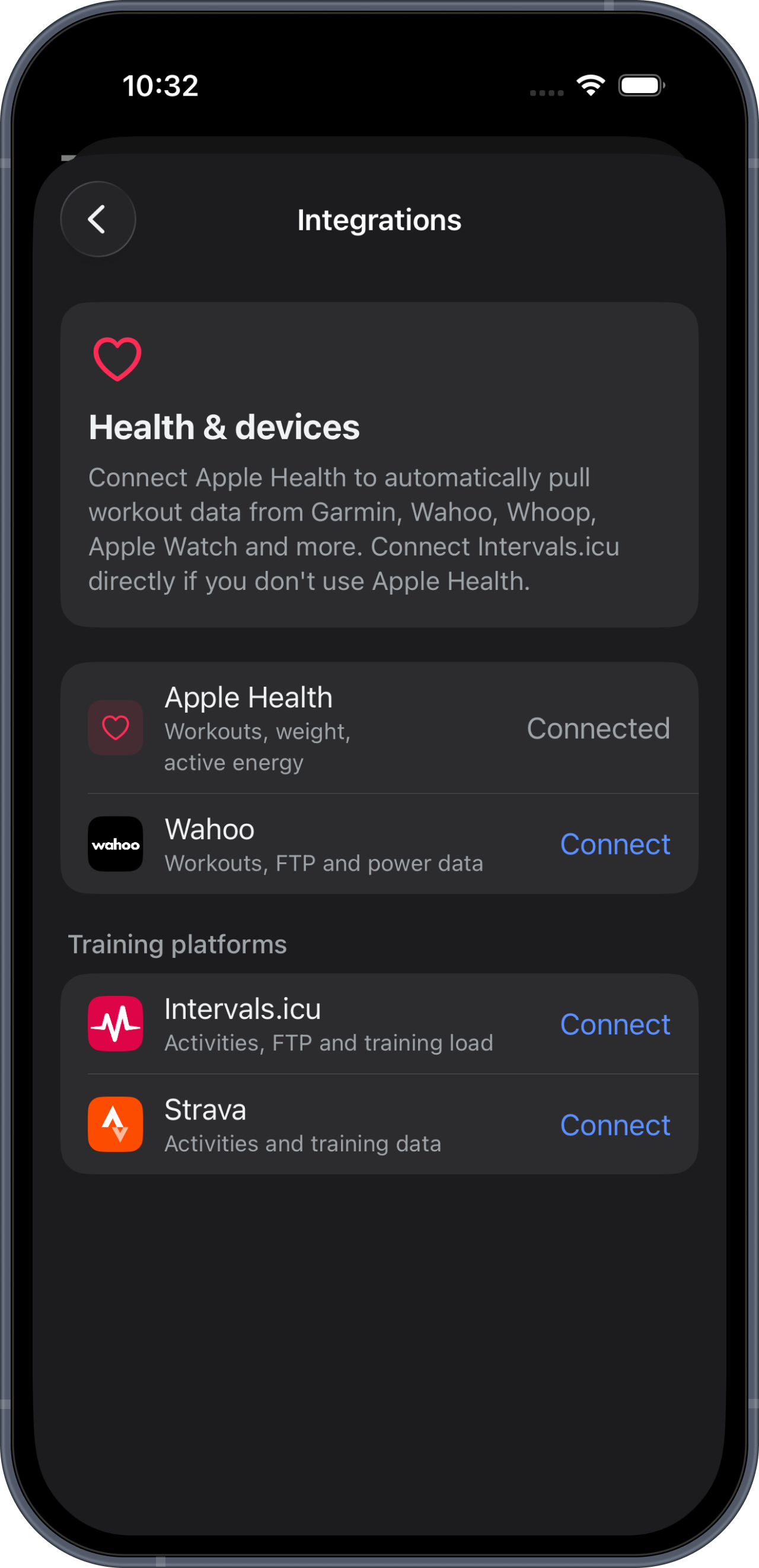 Integrations: Apple Health connected