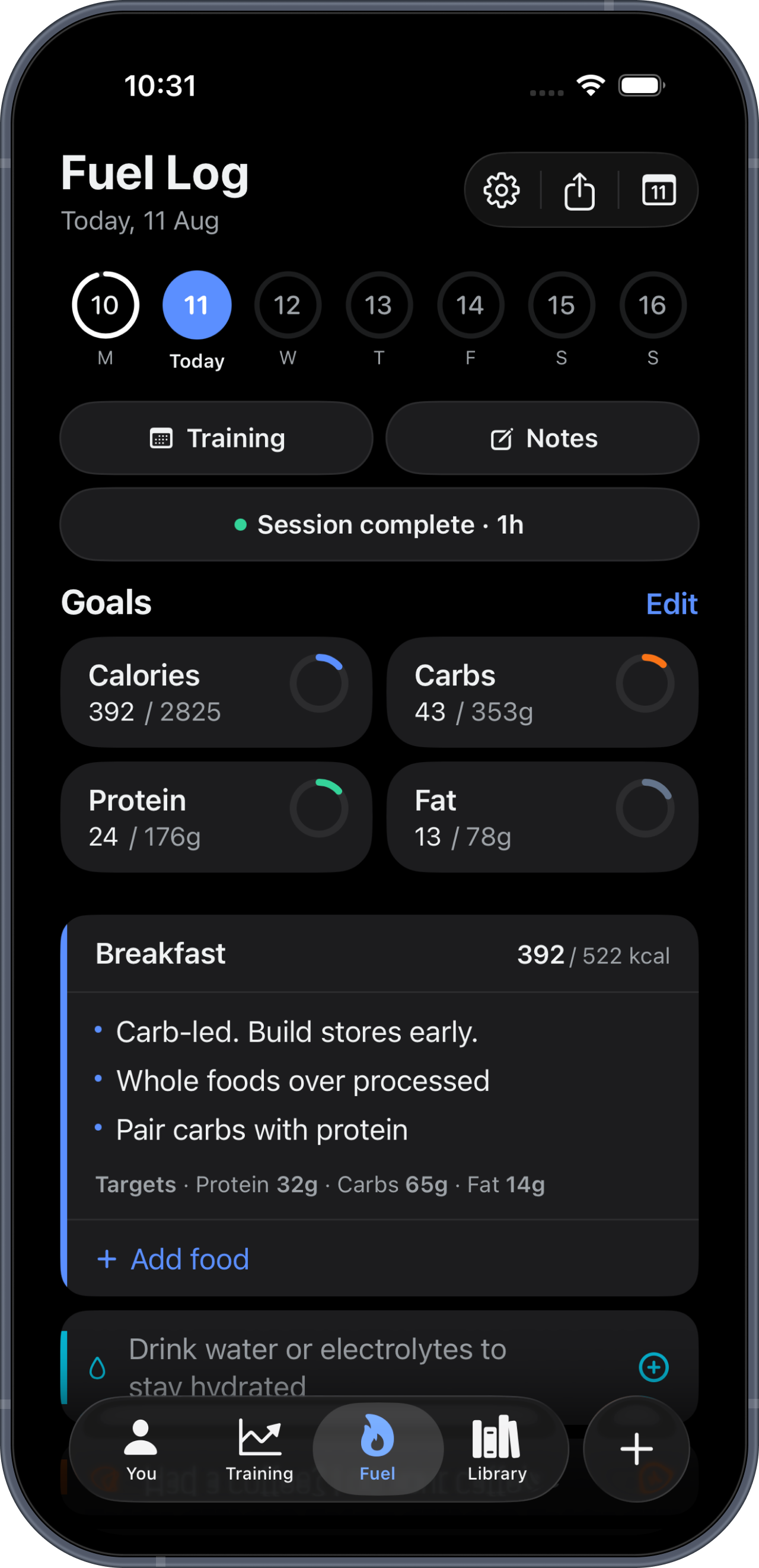 Fuel log: today's session, goals and meals