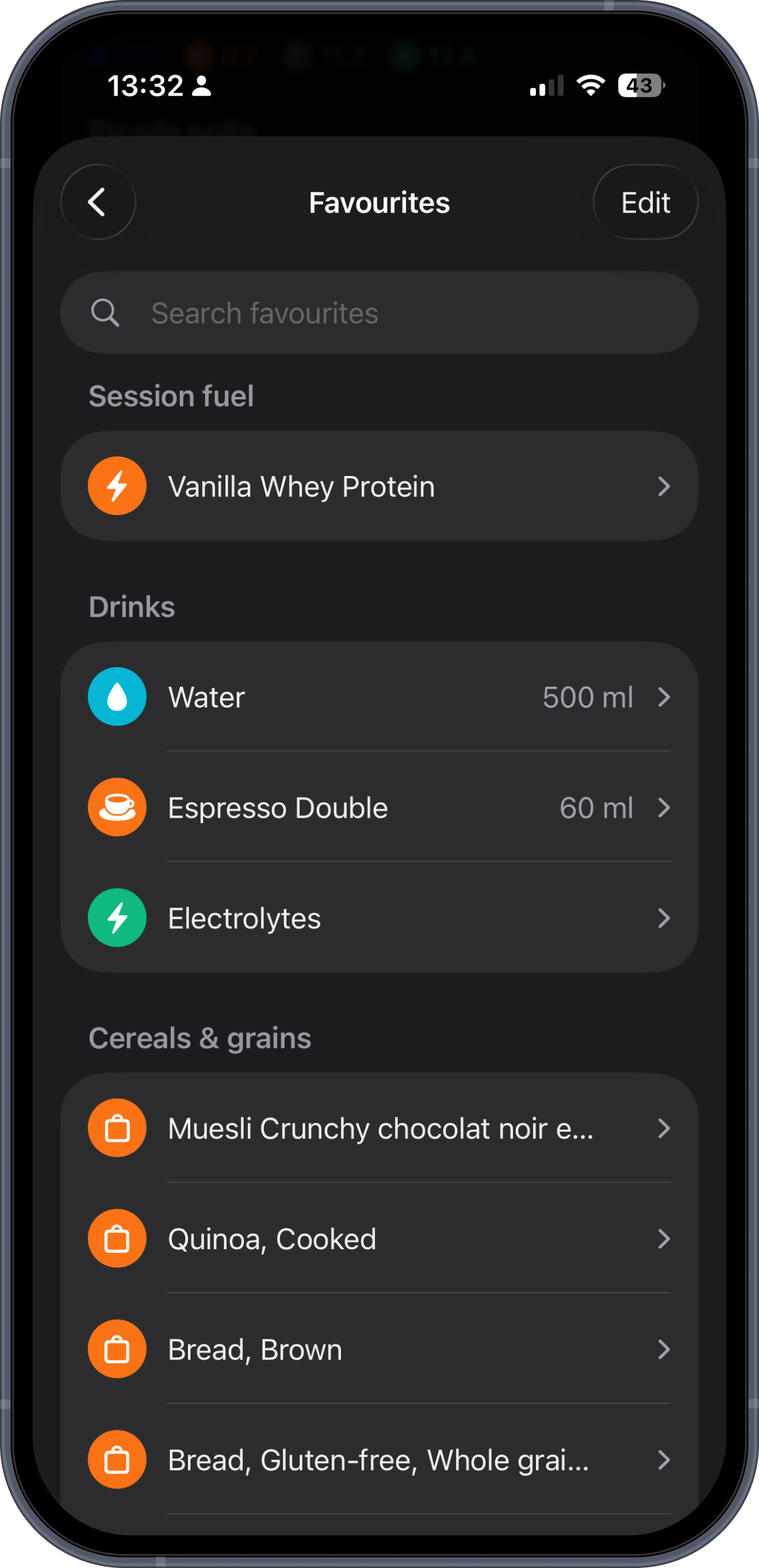 Saved favourites, grouped by food type