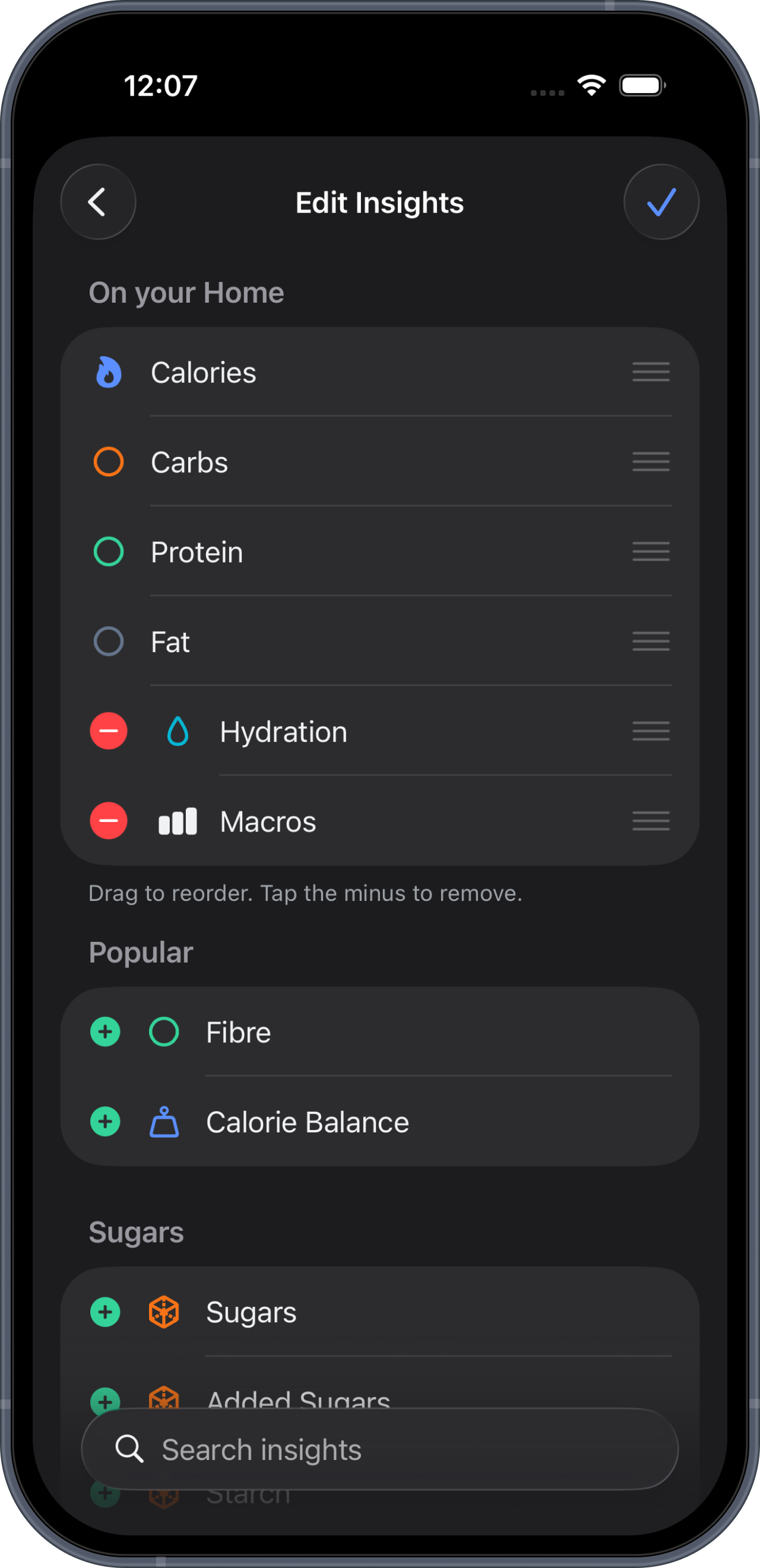 Edit Insights: pin any nutrient to your home