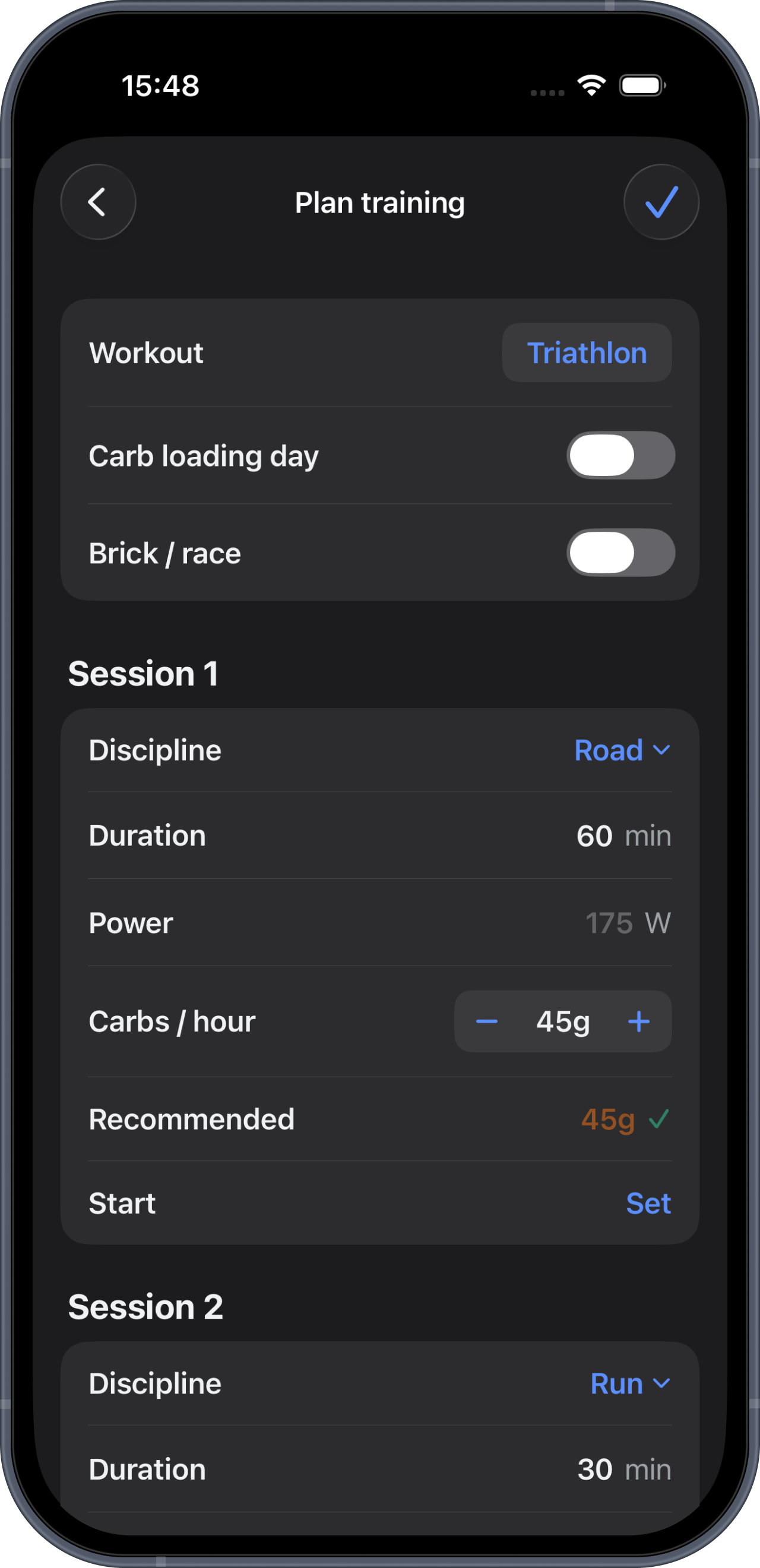 Plan training: a brick session with carbs per hour