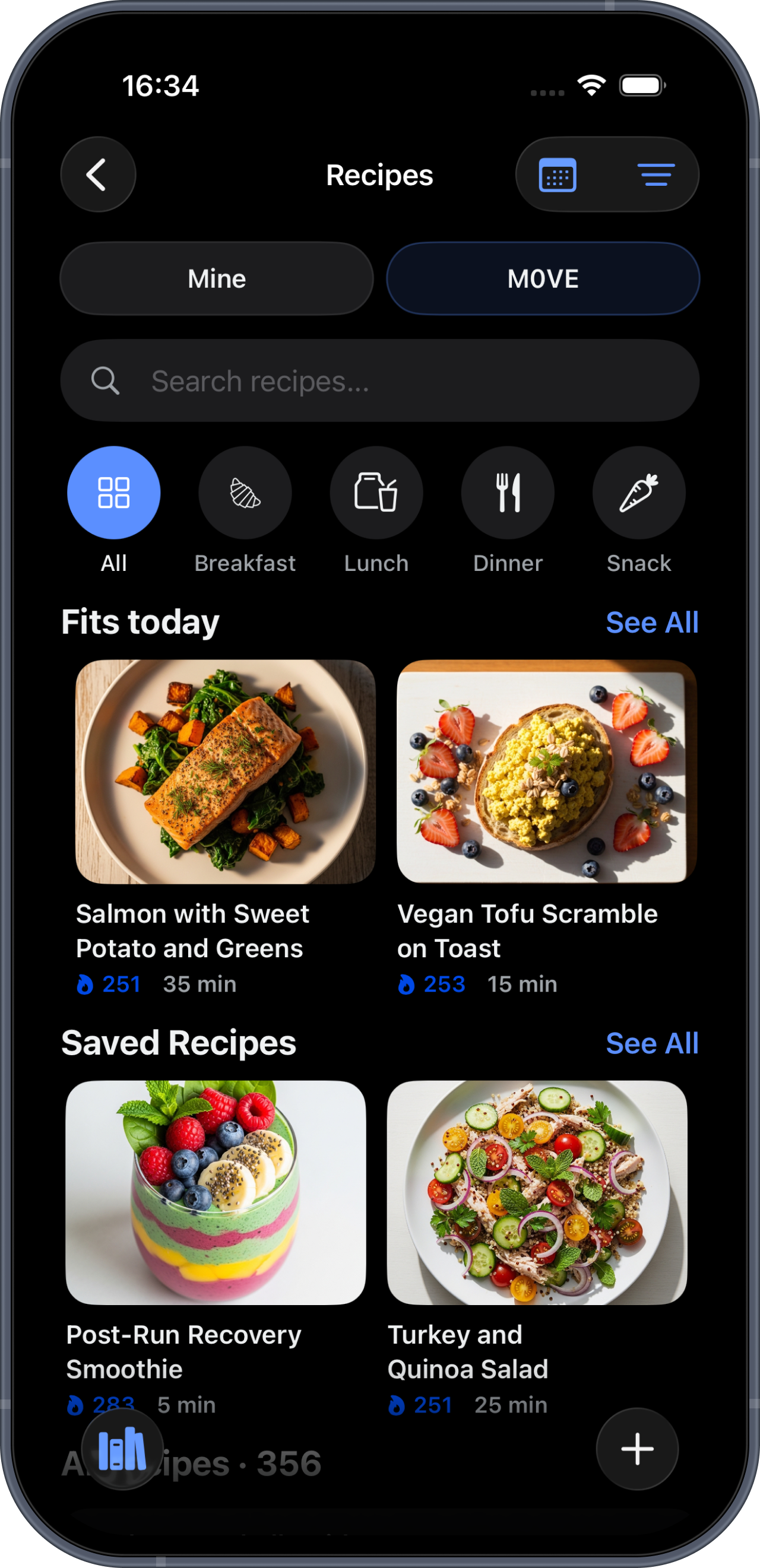 The recipe library, scaled to your meal target