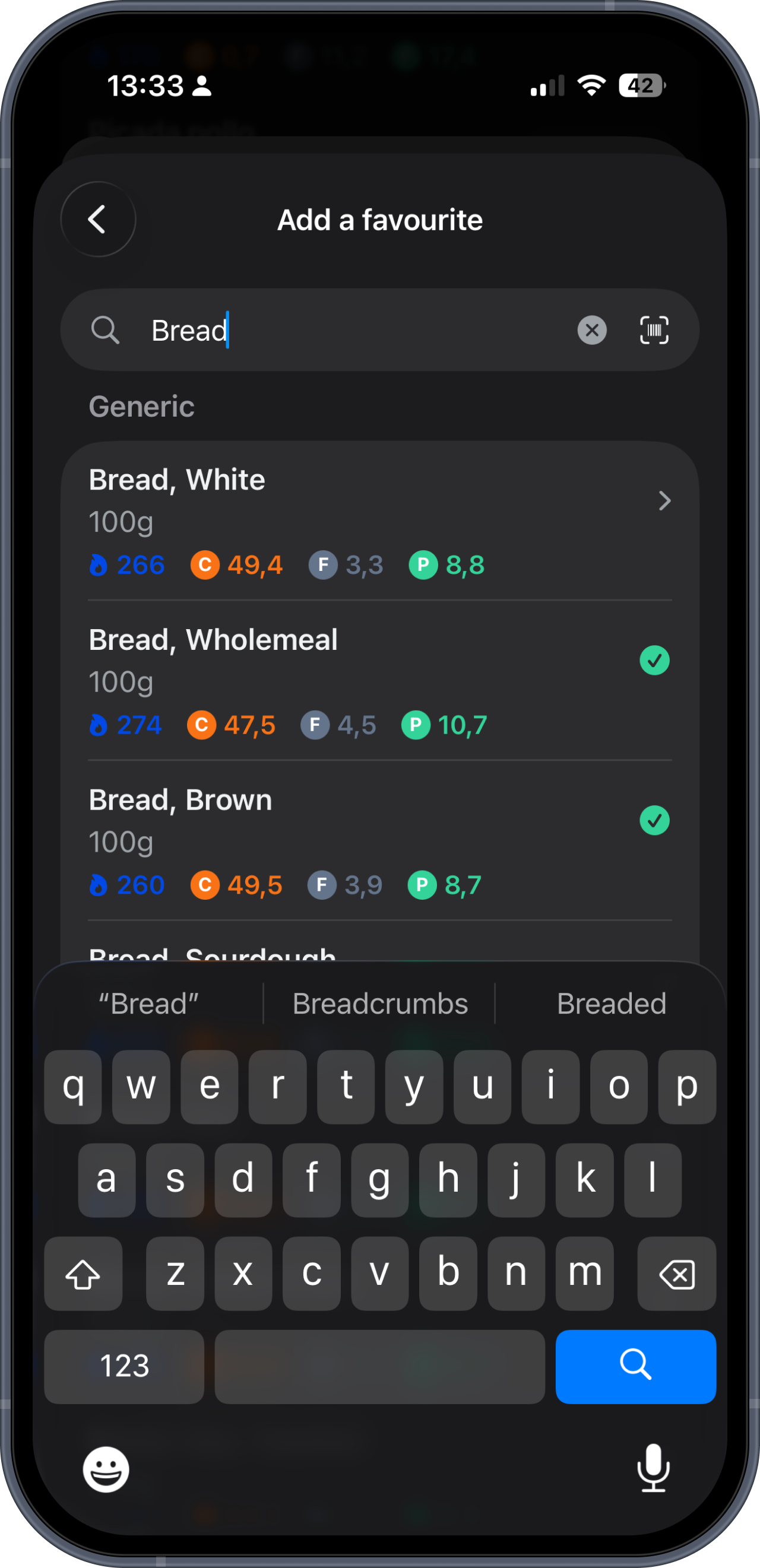 Searching the food database to add a favourite