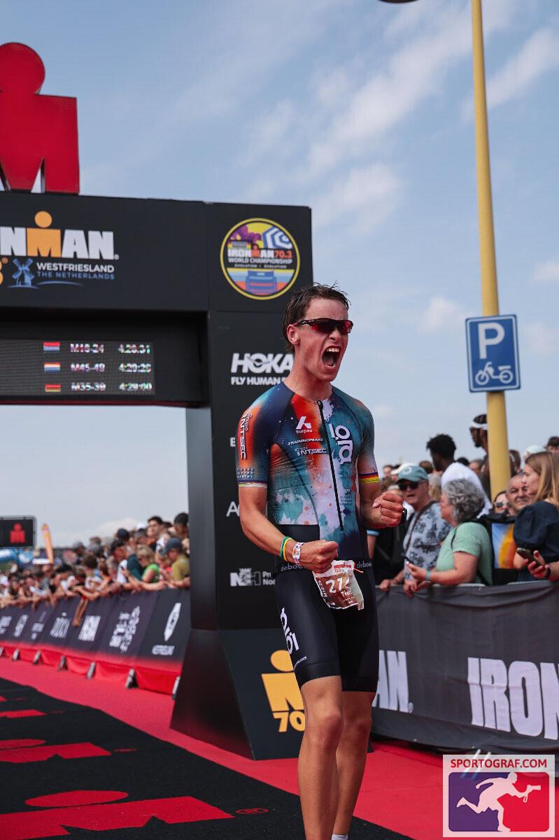 Ties Halsema celebrating at the finish of Ironman 70.3 Westfriesland 2026